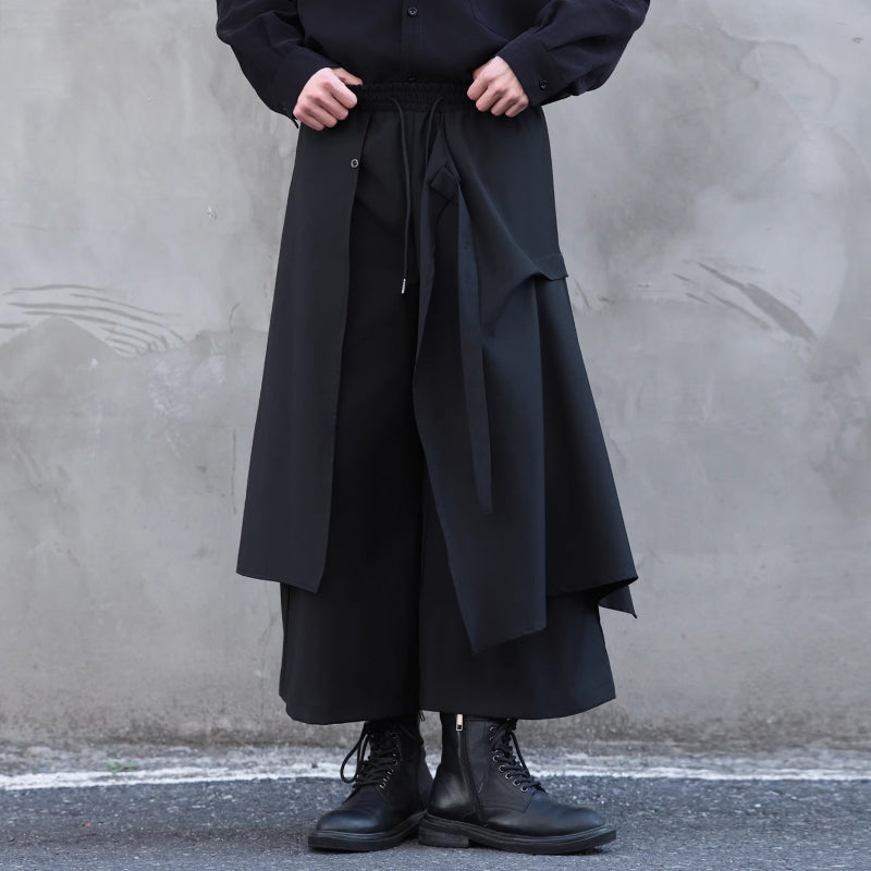 Loose Elastic Waist Wide Leg Fake Two Piece Culottes