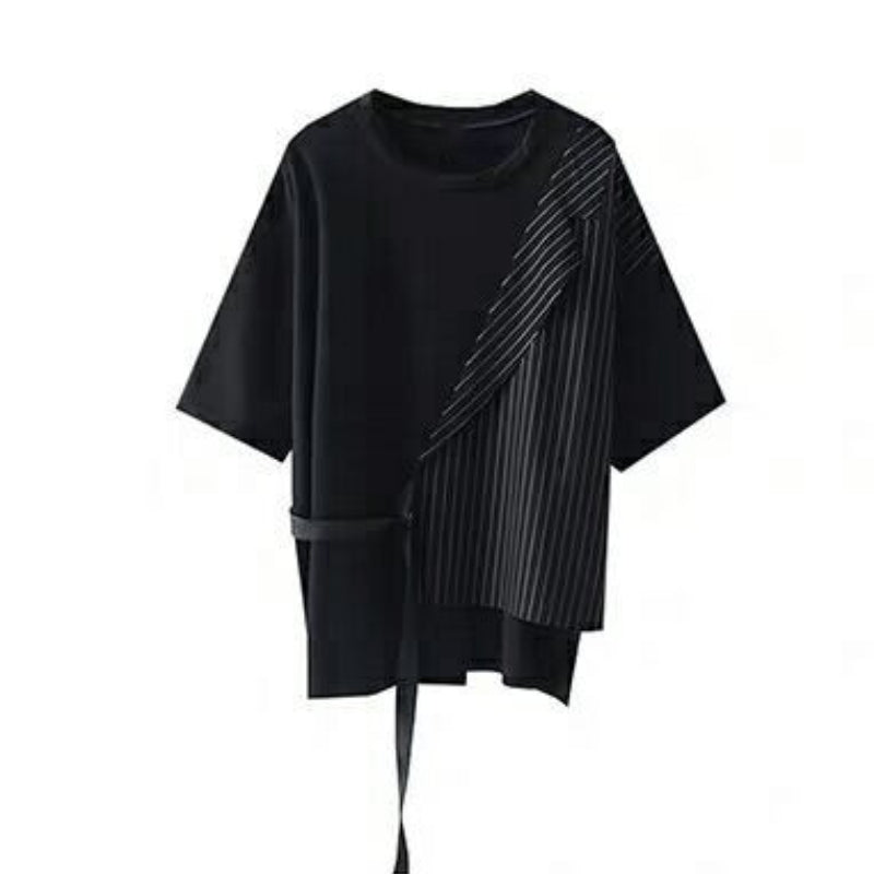 Fake Two-piece Straight Lace-up Striped Patchwork T-shirt