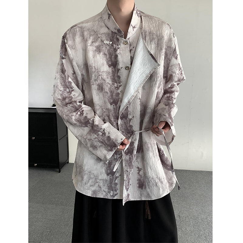 Retro Jacquard Stitching Stand Collar Ink Print Shirt