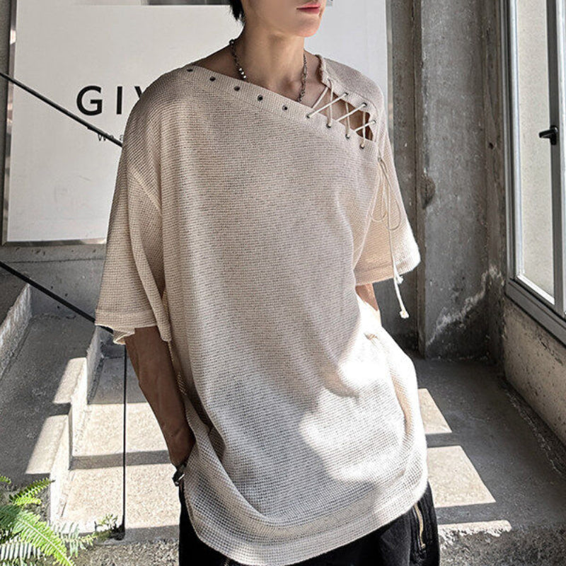 Retro Drawstring Hollow Irregular T-shirt