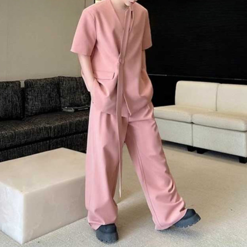 Collarless Ribbon Shoulder Pad Short Sleeve Suit Wide Leg Pants Two Piece Suit