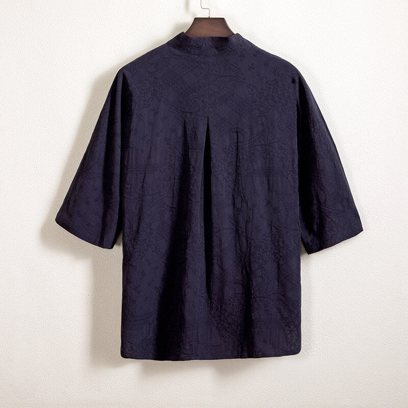 Cotton and Linen Jacquard Vintage Half Sleeve Shirt