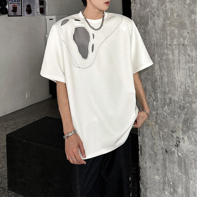 Padded Shoulder Loose Ripped Mesh T-shirt