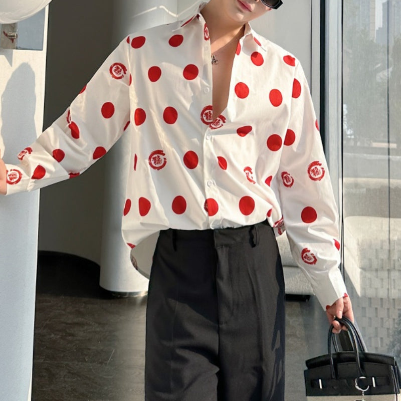 Polka Dot Print Draped Peak Collar Shirt