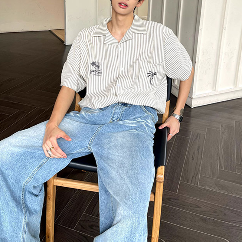 Vintage Embroidered Striped Short Sleeve Shirt