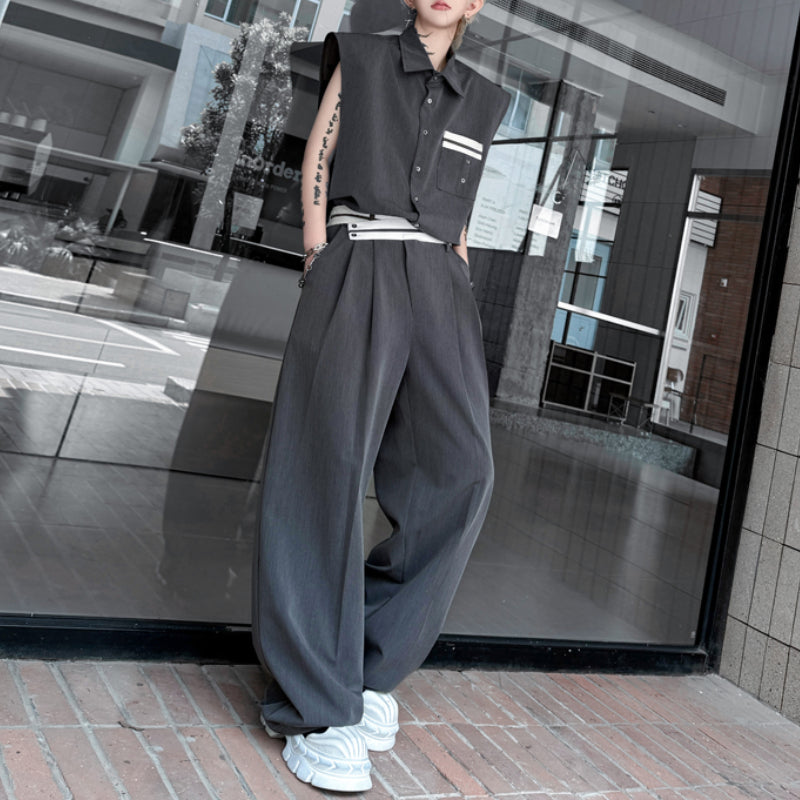 Colorblock Sleeveless Vest Wide Leg Trousers Two-Piece Set