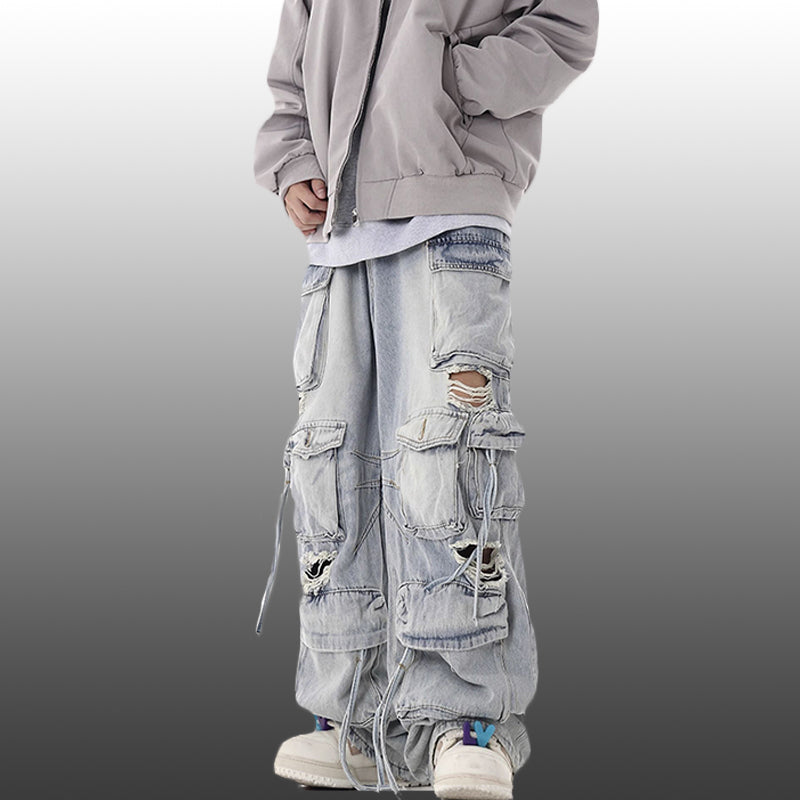 Ripped Denim Loose Straight-leg Multi-pocket Trousers