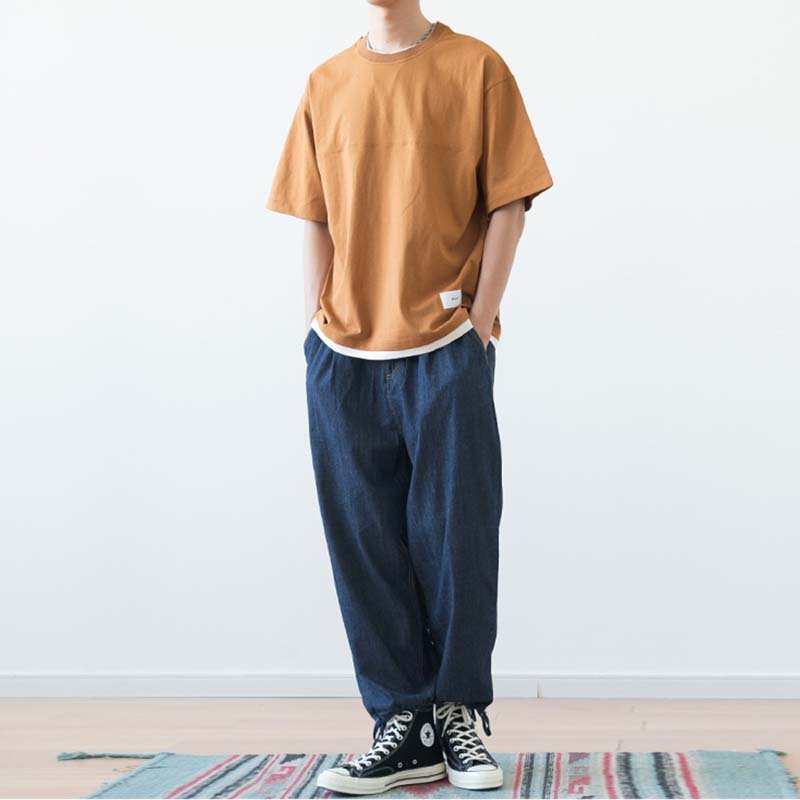 Japanese Loose Drop Shoulder Fake Two Piece T-shirt