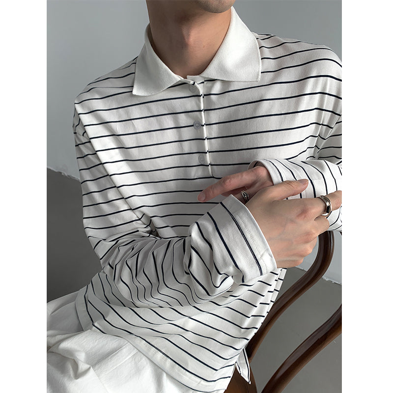 Striped Lapel Polo Loose Long Sleeve Shirt