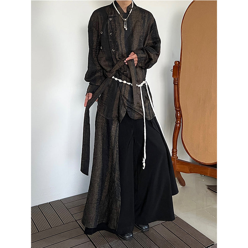 Vintage Tie-dye Ribbon Stand Collar Pleated Shirt