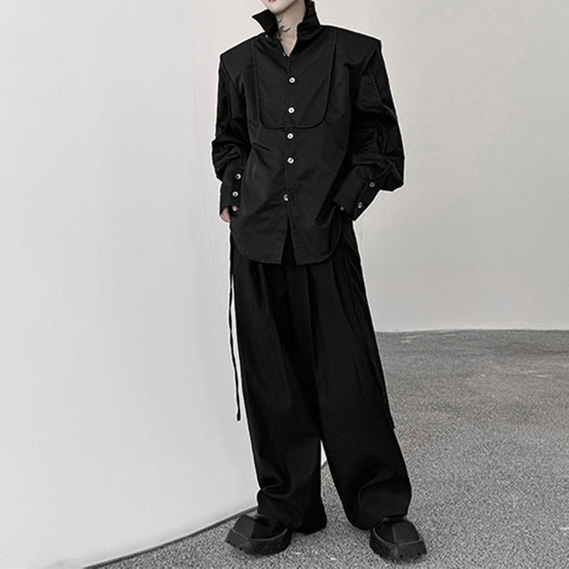 Tie-decorated Button-down Shoulder-padded Solid Color Shirt