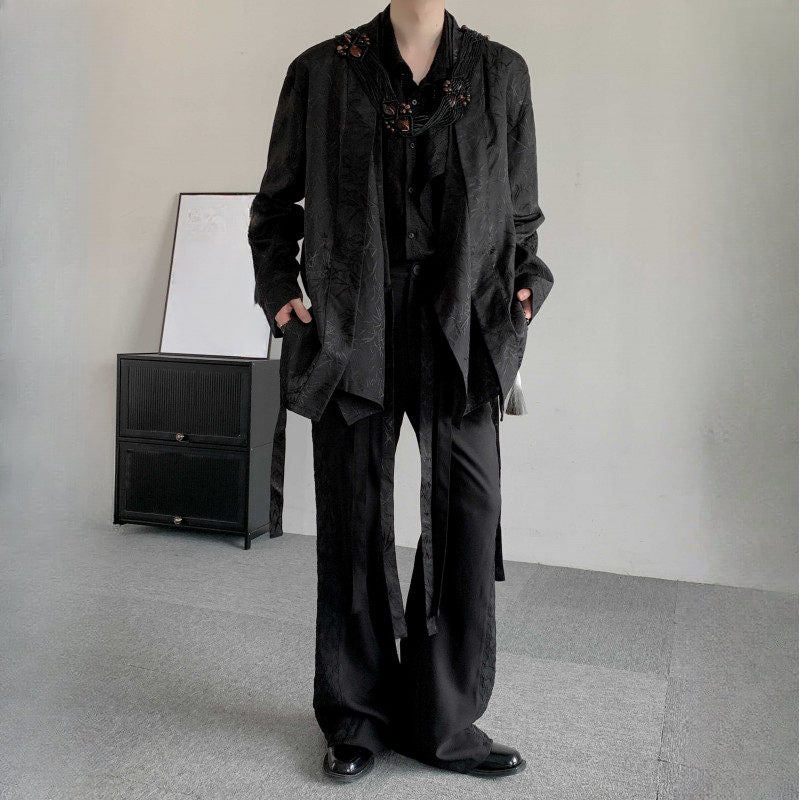 Retro Bamboo Jacquard Embroidery Fake Two-piece Cardigan Shirt