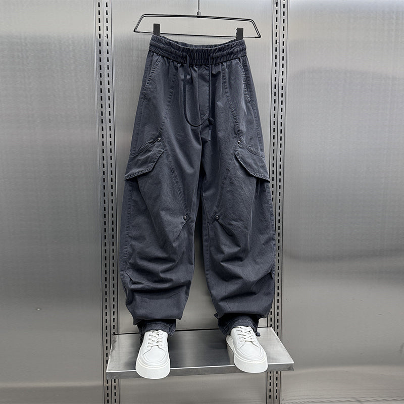 Retro Pleated Multi-Pocket Loose Straight Wide-Leg Pants