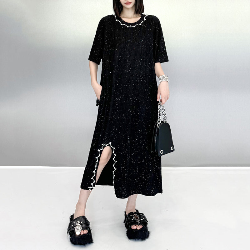 Beaded Sequined Slit Long Dress