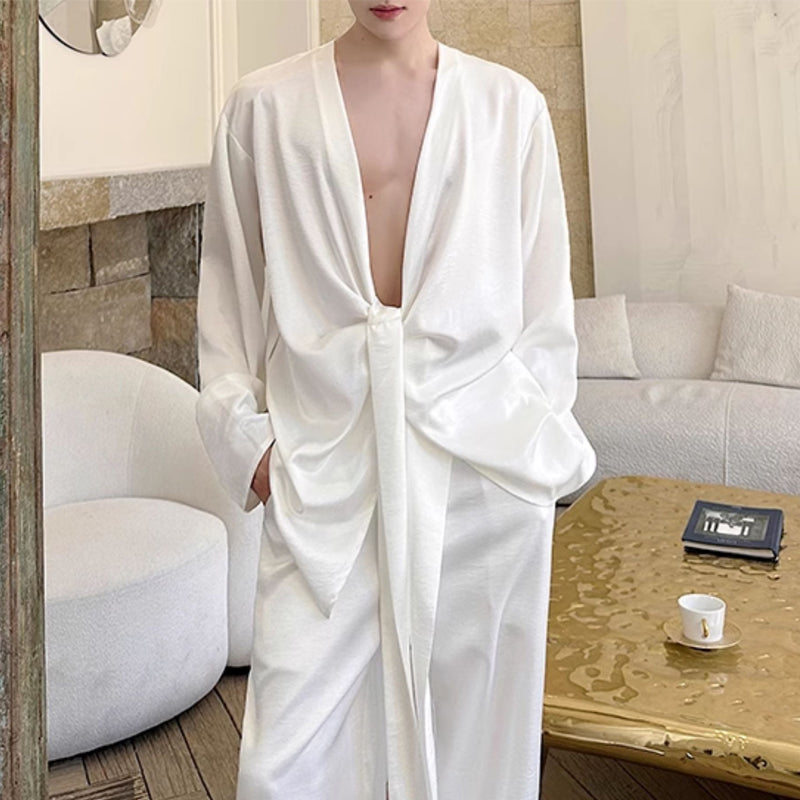 Silky Shiny Satin Tie Long-sleeved Shirt Casual Trousers Two-piece Suit