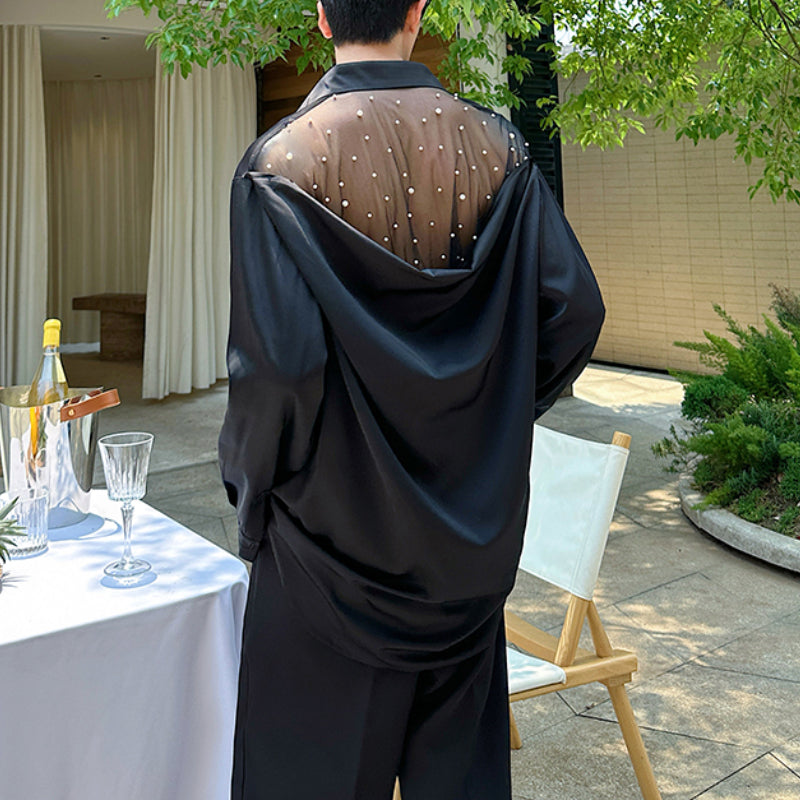 Mesh Beaded Satin Drape Shirt
