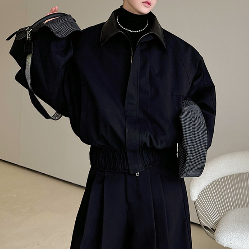Leather Collar Contrast Plaid Oversized Turned-sleeve Cotton Jacket