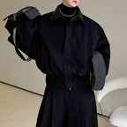 Leather Collar Contrast Plaid Oversized Turned-sleeve Cotton Jacket