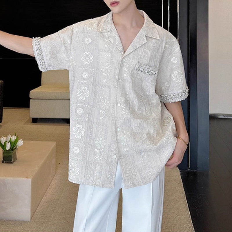 Jacquard Embroidered Cuban Collar Rhinestone Shirt
