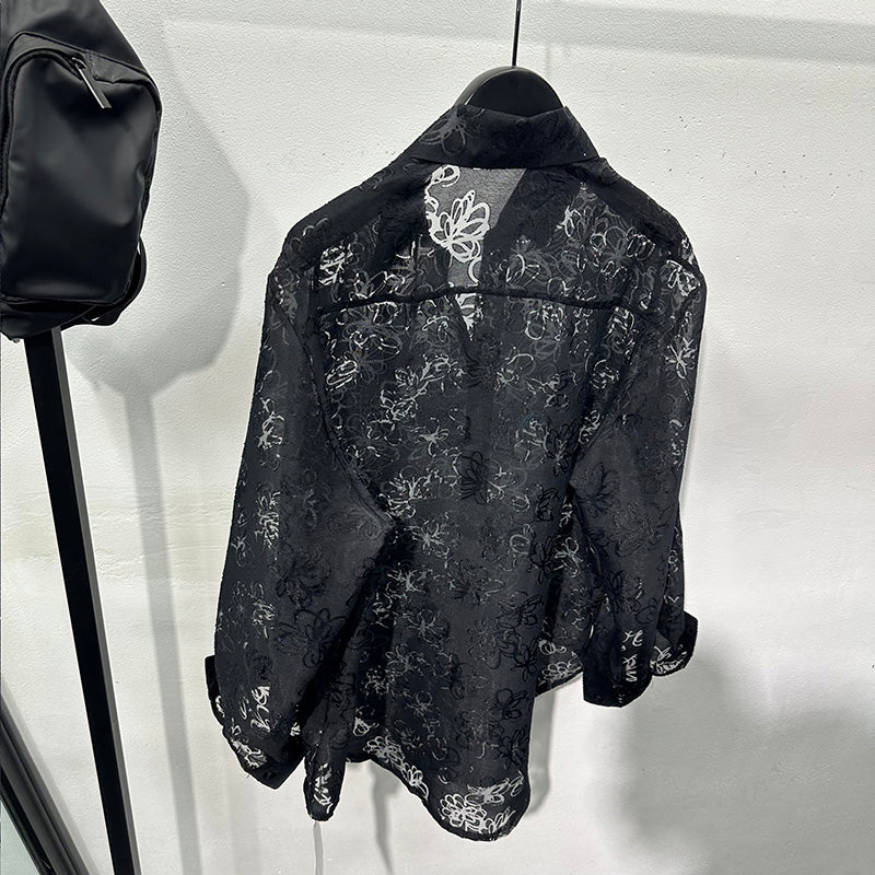 Hollow Floral Jacquard Loose Casual Shirt
