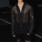 Shiny Silver Sequined Hollow Long Sleeve Shirt