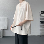 Cotton and Linen Henley Collar Loose T-Shirt
