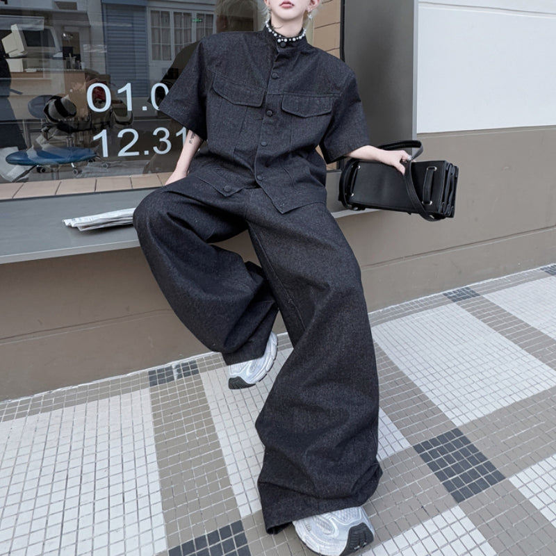 Stand Collar Beaded Denim Shoulder Pad Short Sleeve Wide Leg Trousers Two Piece Set