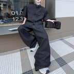 Stand Collar Beaded Denim Shoulder Pad Short Sleeve Wide Leg Trousers Two Piece Set