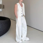 Casual Short Cardigan Vest Wide Leg Trousers Workwear Two-piece Set