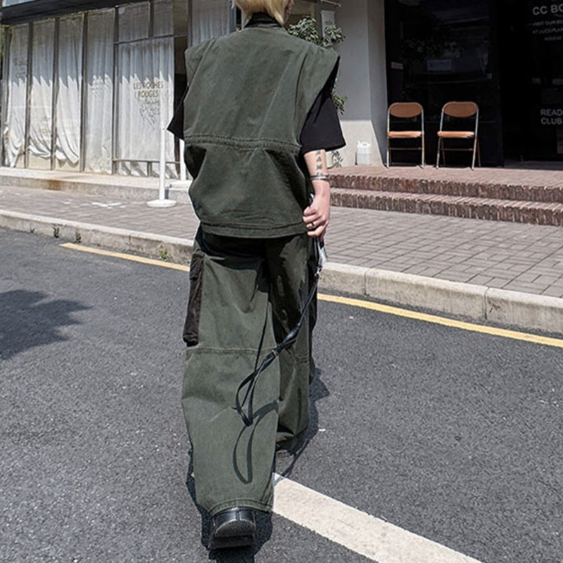 Japanese Retro Stand Collar Vest Wide Leg Loose Trousers Two-piece Set