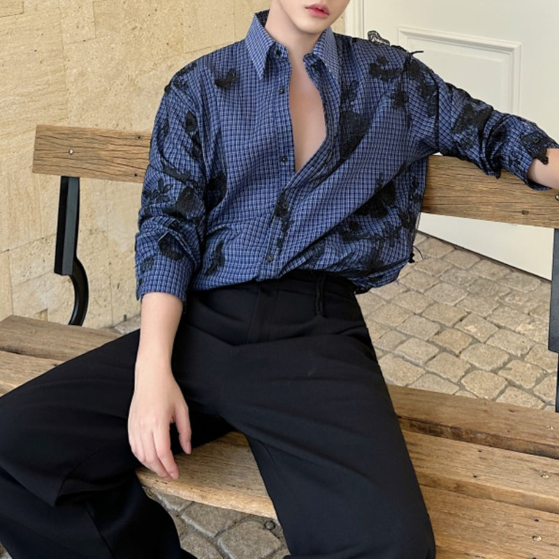 Vintage Butterfly Lace Mesh Splicing Plaid Shirt