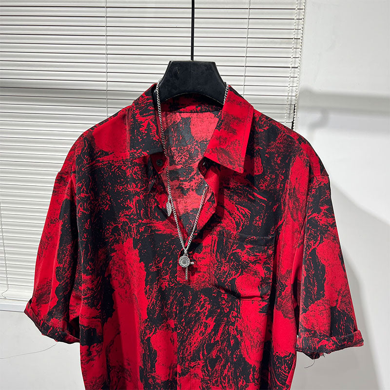 Irregular Printed Loose Red Shirt