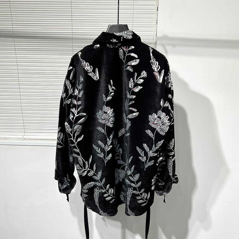 Lapel Pattern Sequin Strap Long-sleeved Shirt