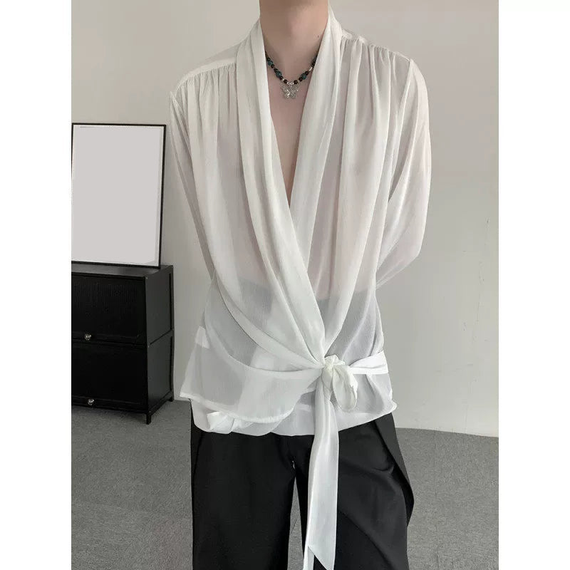 White Long-Sleeved Chiffon Shirt With Lace-Up