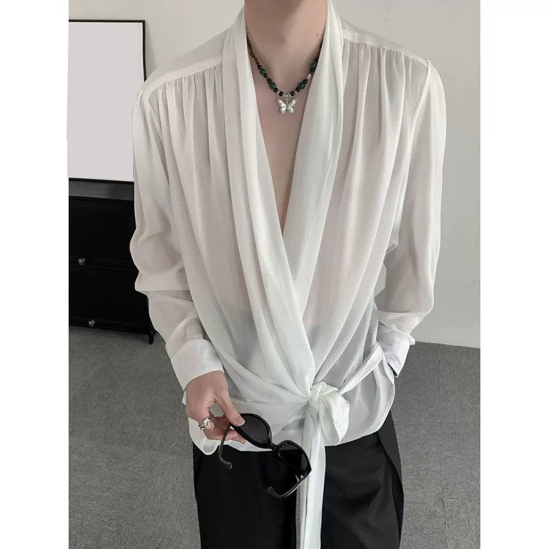 White Long-Sleeved Chiffon Shirt With Lace-Up