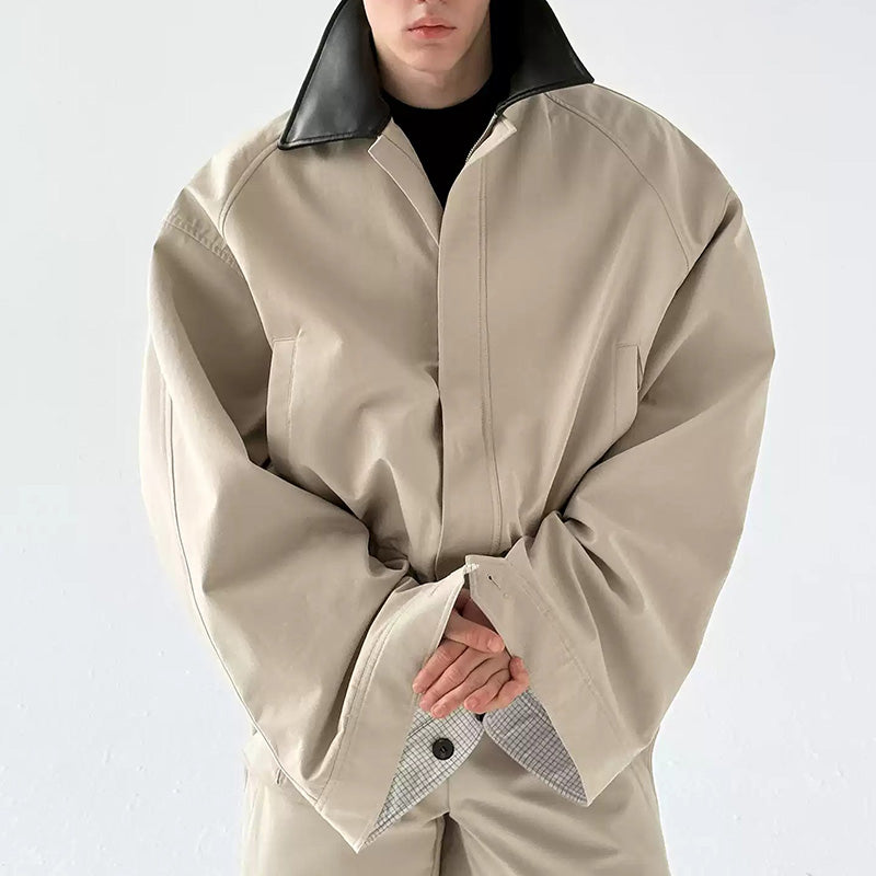 Leather Collar Contrast Plaid Oversized Turned-sleeve Cotton Jacket