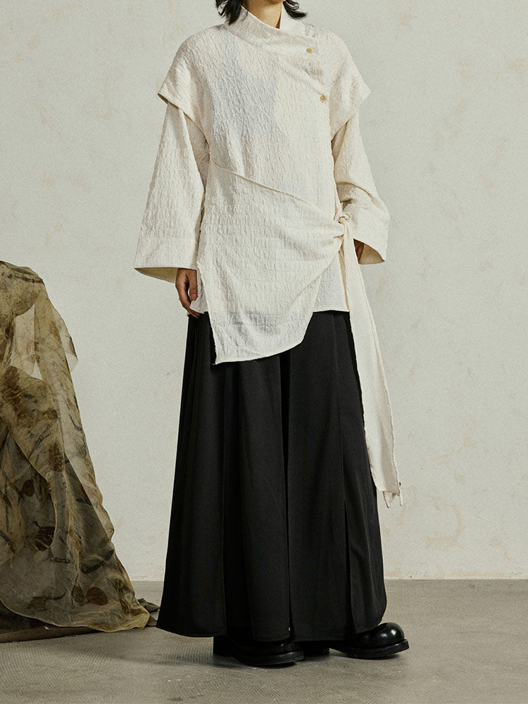 Textured Slanted Placket Tie-Strap Fake Two-Piece Shirt