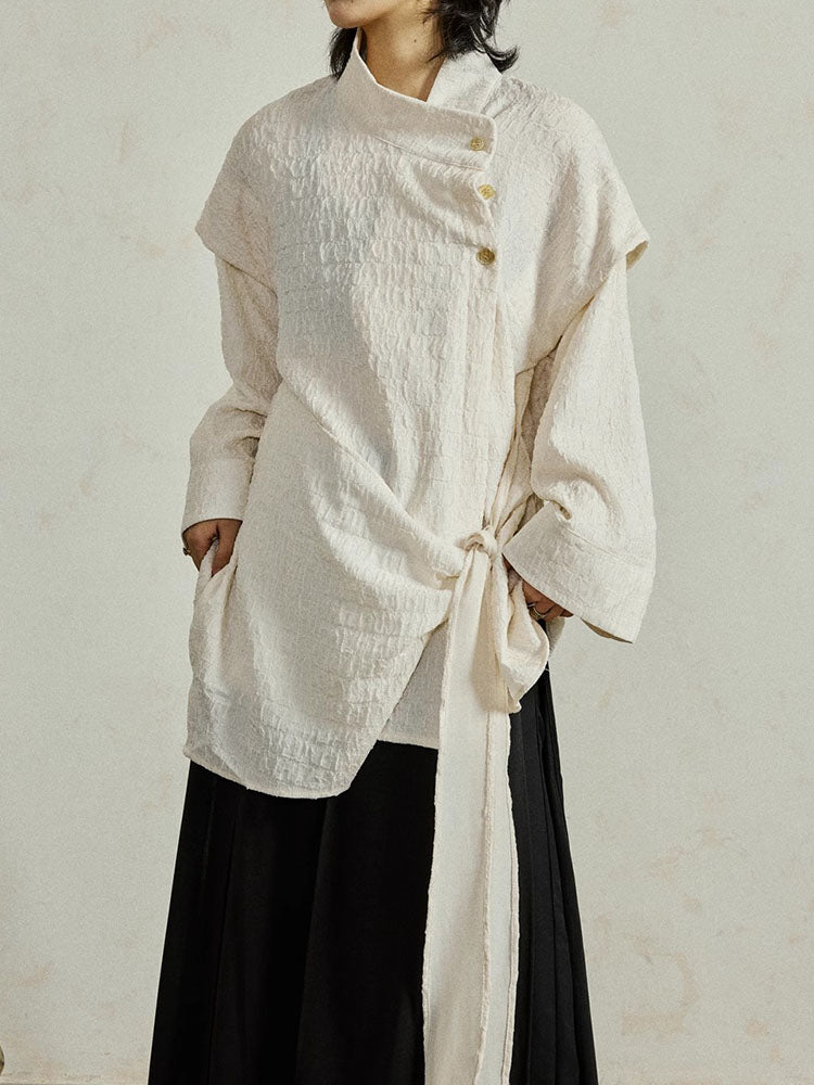 Textured Slanted Placket Tie-Strap Fake Two-Piece Shirt