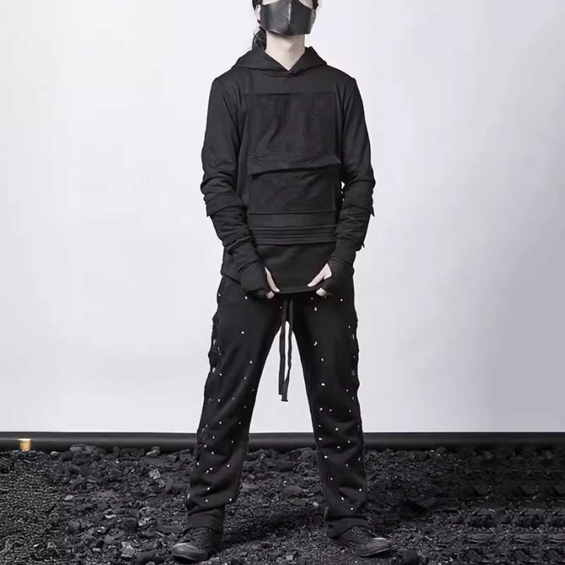 Dark Loose Hooded Pullover Sweatshirt