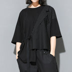 Fake Two-piece Straight Lace-up Striped Patchwork T-shirt