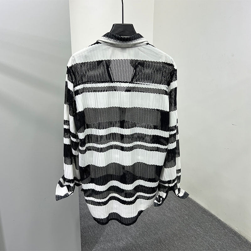 Thin Color Contrast Stripe Hollow Shirt