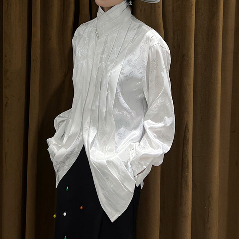 Vintage Stand Collar Print Long Sleeve Shirt