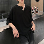 Striped Knit Henley Collar Casual T-Shirt