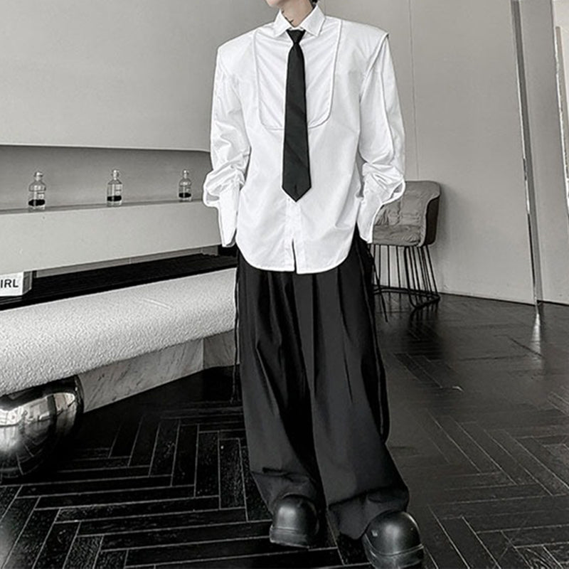 Tie-decorated Button-down Shoulder-padded Solid Color Shirt