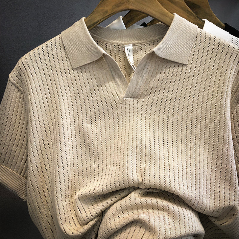 Ice Silk Hollow Pattern Knitted Lapel Polo Shirt
