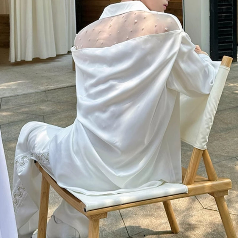 Mesh Beaded Satin Drape Shirt