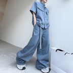 Stand Collar Beaded Denim Shoulder Pad Short Sleeve Wide Leg Trousers Two Piece Set