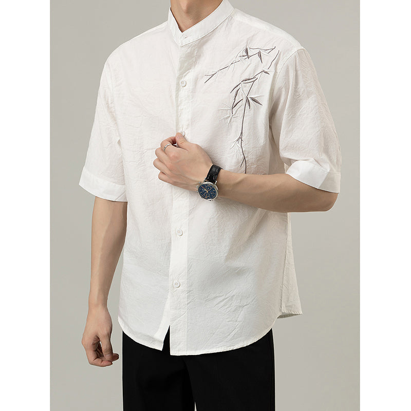 Loose Stand Collar Embroidered Shirt