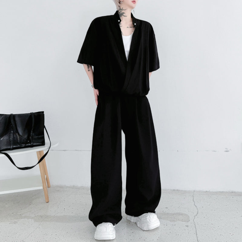 Stand-up Collar Drape T-shirt Casual Wide-leg Trousers Two-piece Suit