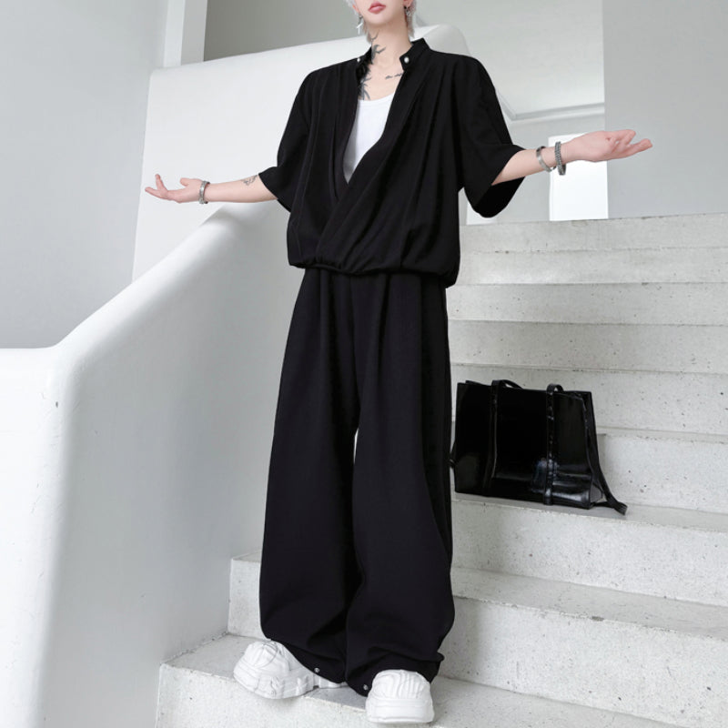 Stand-up Collar Drape T-shirt Casual Wide-leg Trousers Two-piece Suit